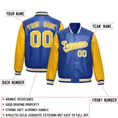Royal Blue Yellow Raglan Full-Snap Varsity Faux Leather Letterman Jacket 2