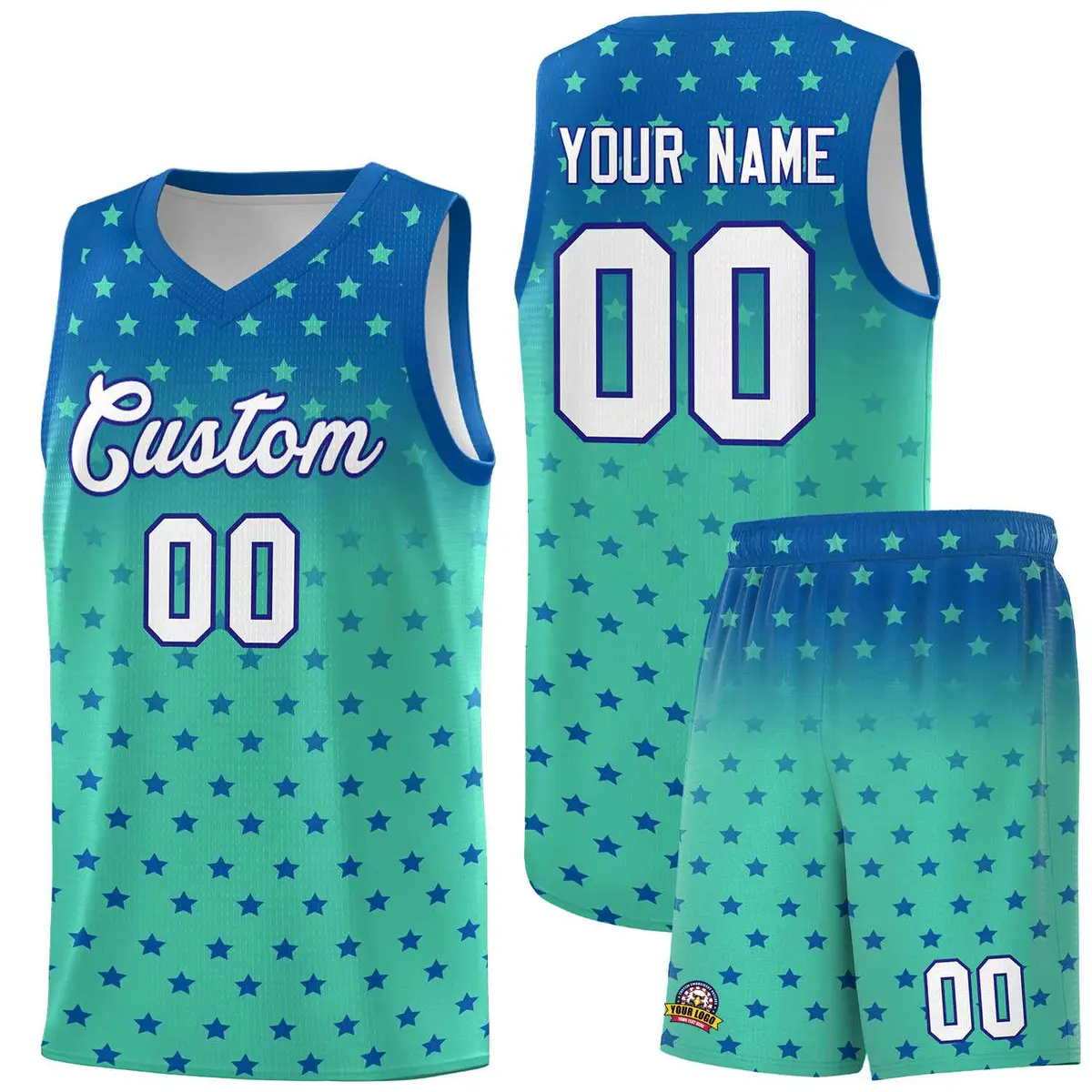 Royal Bright Green Gradient Star Pattern Basketball Jersey Set