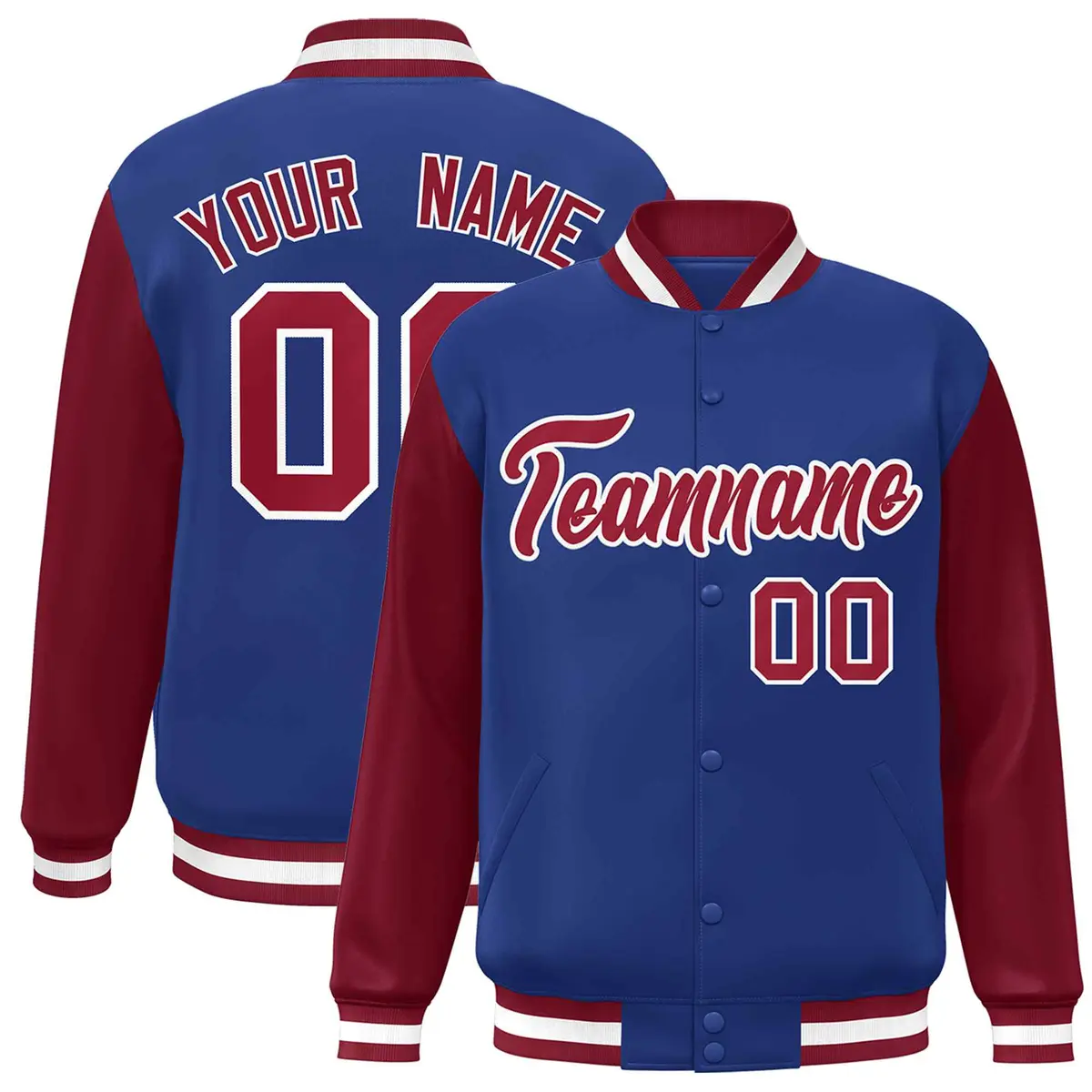 Royal Crimson-White Raglan Varsity Full-Snap Letterman Jacket