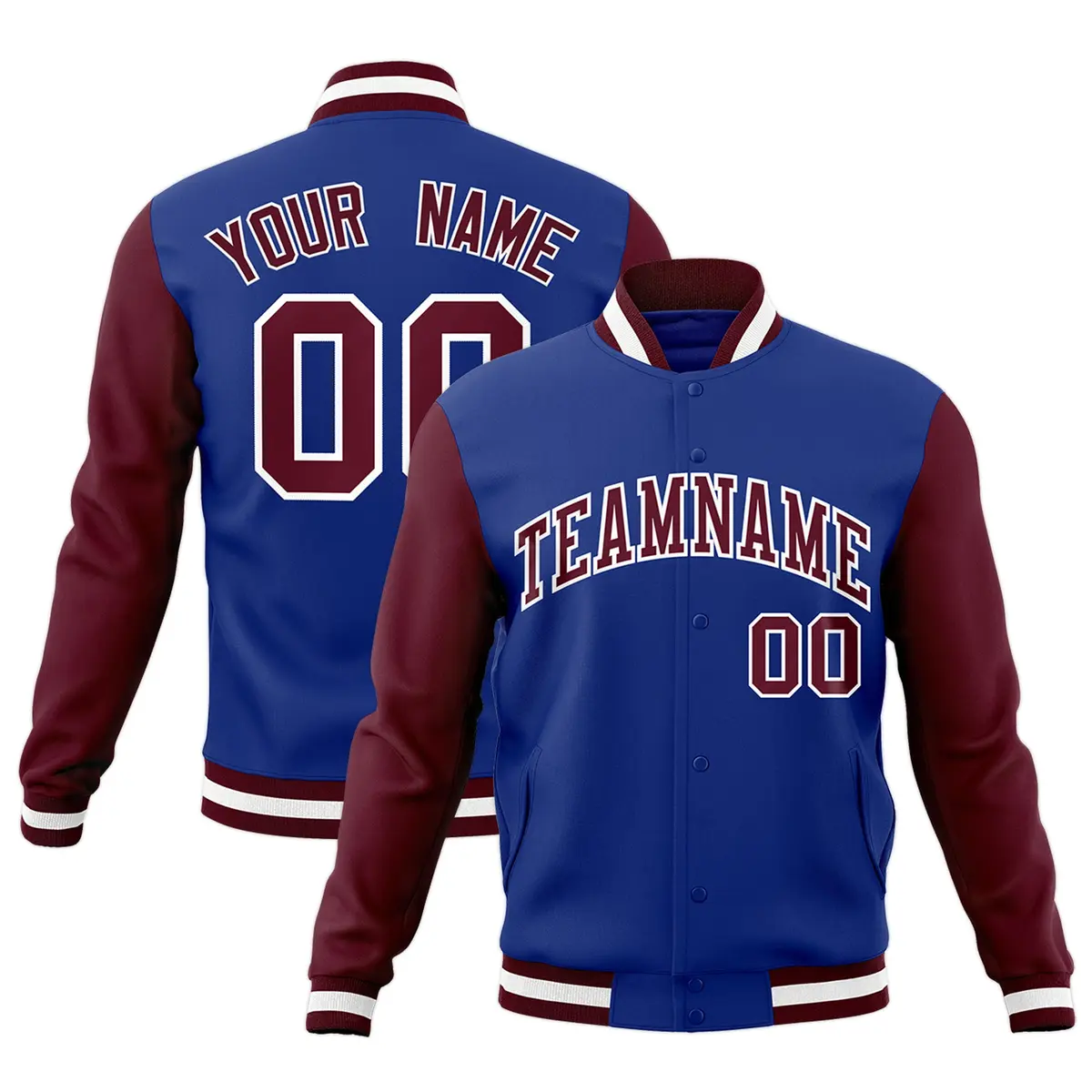 Royal Crimson-White Raglan Varsity Full-Snap Letterman Jacket