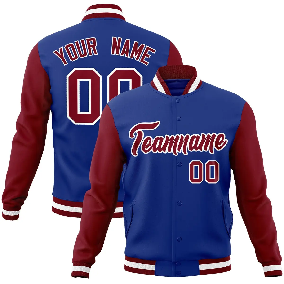 Royal Crimson-White Raglan Varsity Full-Snap Letterman Jacket