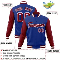 Royal Crimson-White Raglan Varsity Full-Snap Letterman Jacket 4