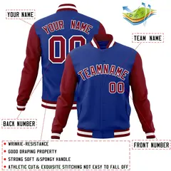 Royal Crimson-White Raglan Varsity Full-Snap Letterman Jacket 4
