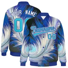 Royal Feather Fluid Pattern Full-Snap Varsity Letterman Jacket