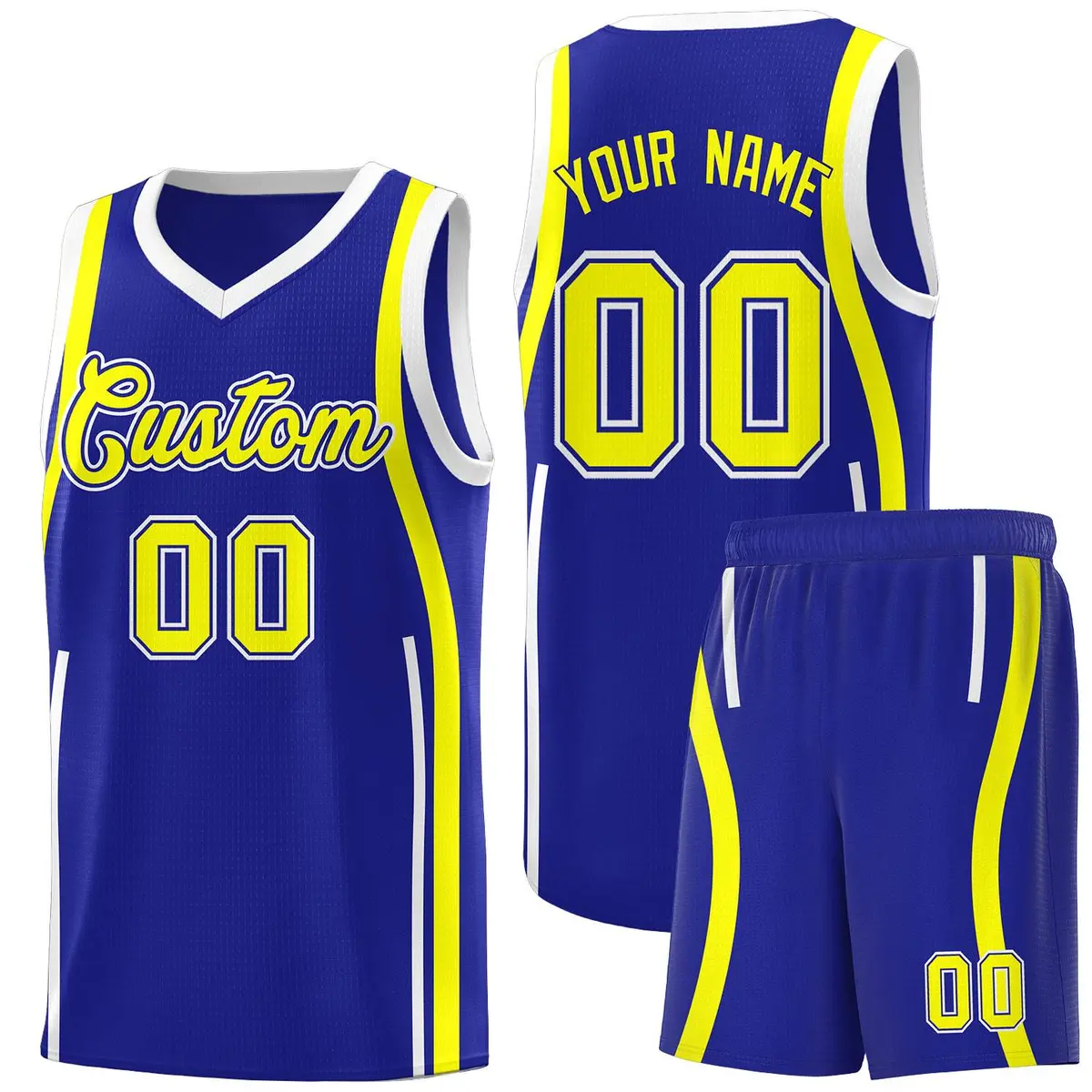 Royal Fluorescent Yellow White Ribbon Pattern Basketball Kit