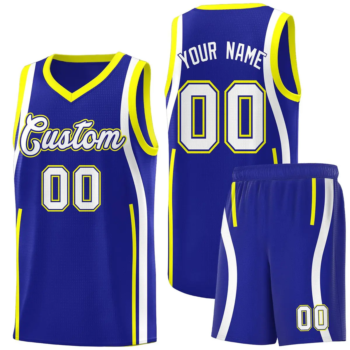 Royal Fluorescent Yellow White Ribbon Pattern Basketball Kit