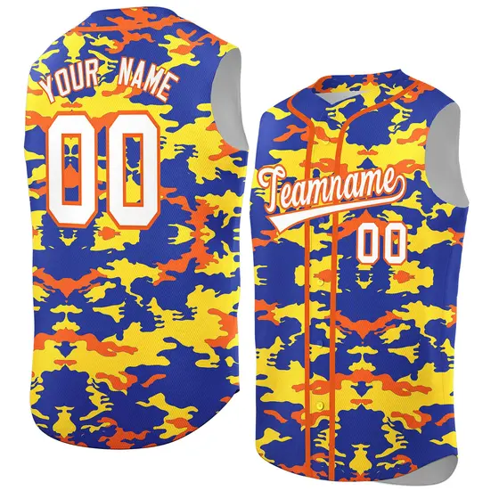 Royal Gold and Orange Camo Sleeveless Baseball Jersey