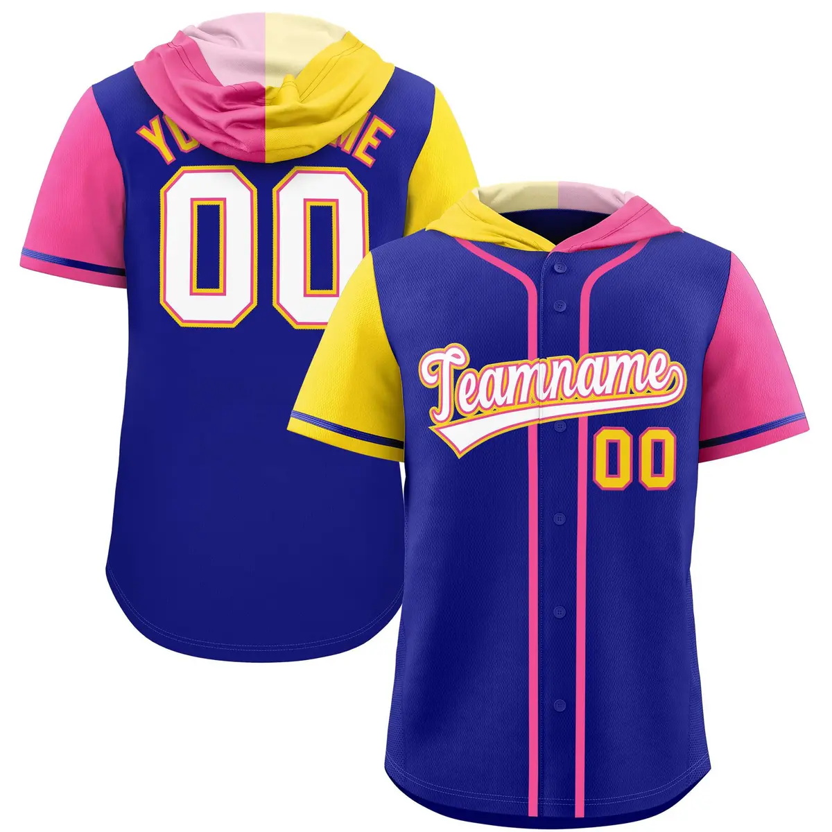 Royal Gold and Pink Split Raglan Baseball Hoodie Jersey