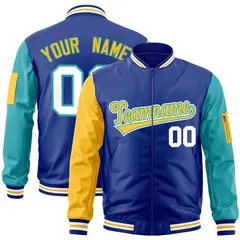Royal Gold-Aqua Raglan Sleeves Letterman Bomber Jacket 1
