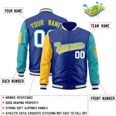 Royal Gold-Aqua Raglan Sleeves Letterman Bomber Jacket 2