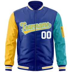 Royal Gold-Aqua Raglan Sleeves Letterman Bomber Jacket 3