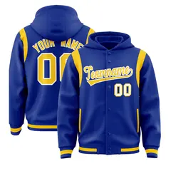 Royal Gold Full-Snap Varsity Letterman Shoulder Color Block Jacket Hoodie