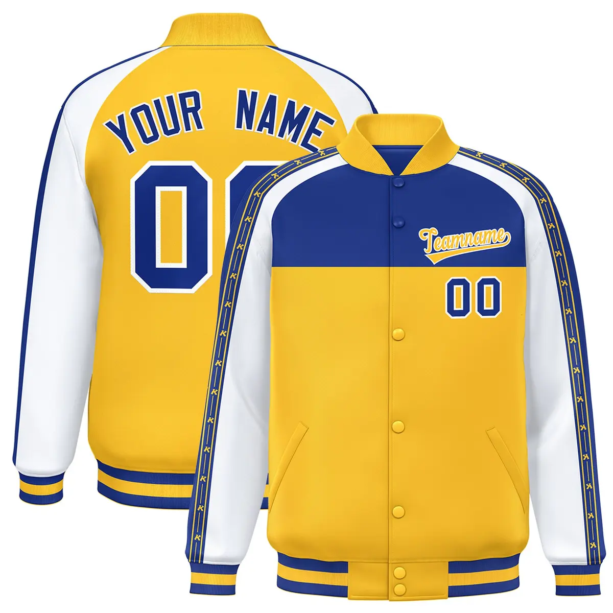 Royal Gold K-Ribbon Color Block Full-Snap Raglan Varsity Letterman Jacket