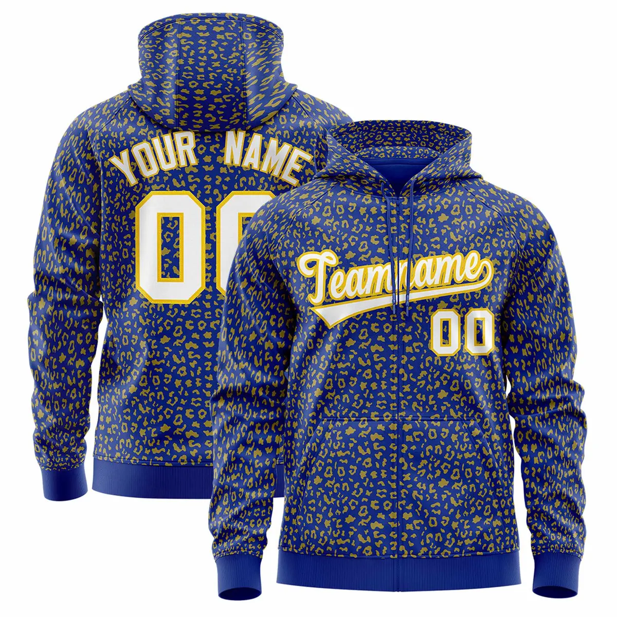 Royal Gold Leopard Print Varsity Full-Zip Letterman Jacket Hoodie