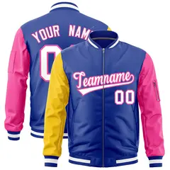 Royal Gold Pink Varsity Letterman Bomber Jacket Full-Zip Raglan Sleeves 1