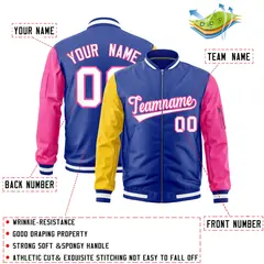 Royal Gold Pink Varsity Letterman Bomber Jacket Full-Zip Raglan Sleeves 2