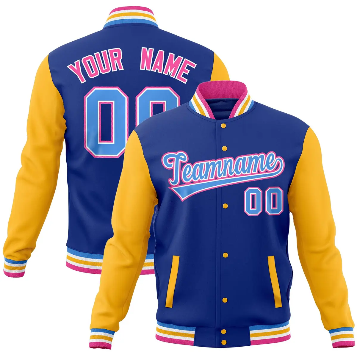 Royal Gold Raglan Full-Snap Varsity Letterman Baseball Jacket