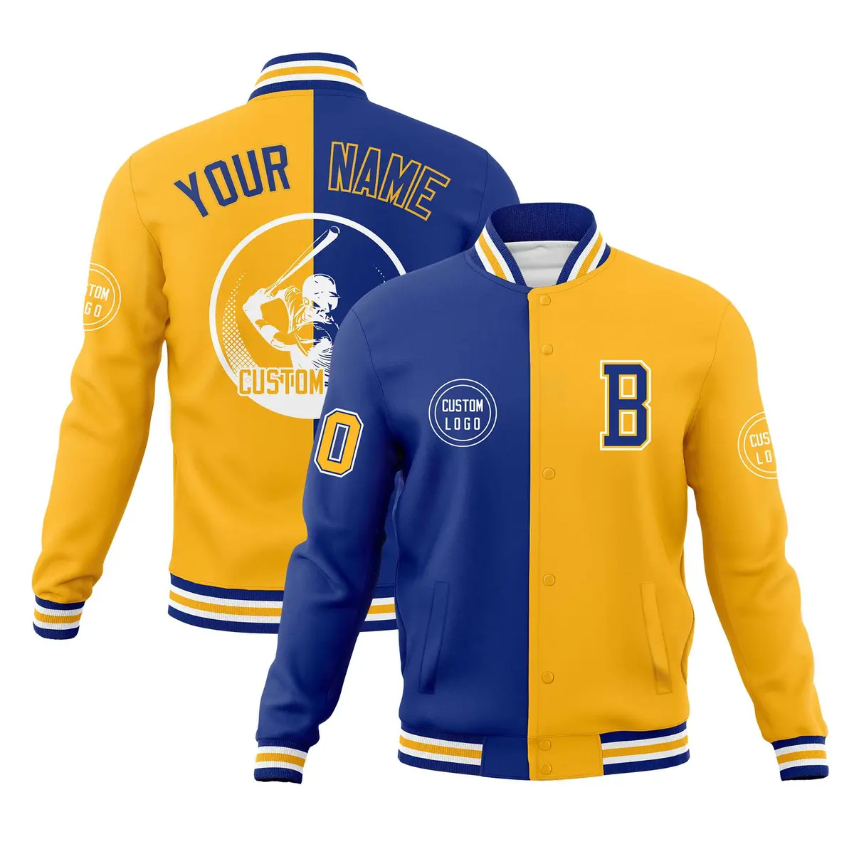Royal Gold Split Full-Snap Varsity Letterman Baseball Jacket