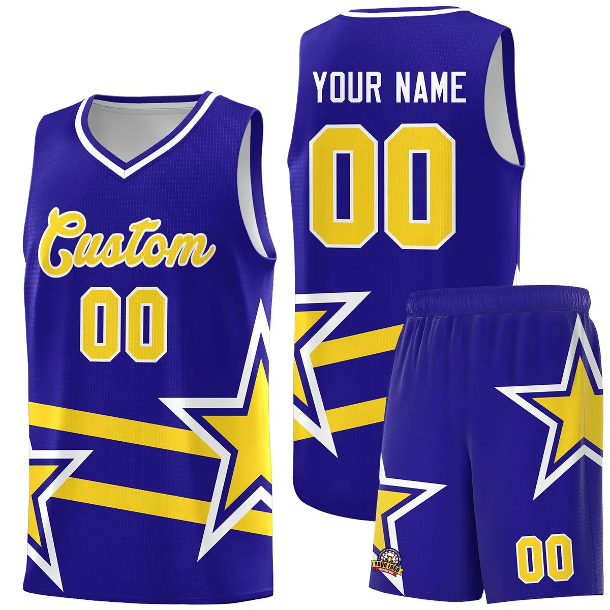 Royal Gold Star Pattern Double Lines Basketball Kits