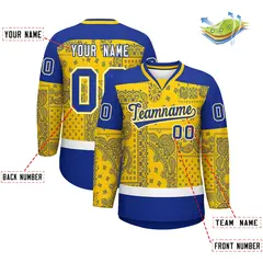 Royal Gold White Cashew Flower Graffiti V-Neck Hockey Jersey 2