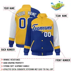 Royal Gold-White Color Block Varsity Full-Snap Baseball Jacket 2