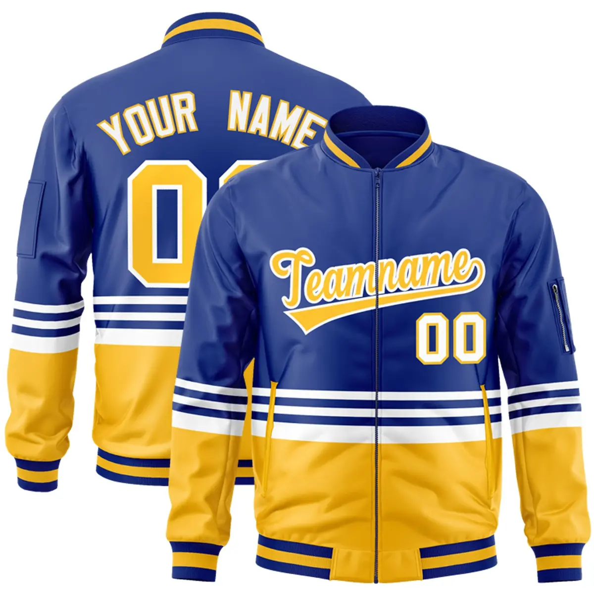 Royal Gold-White Color Block Varsity Full-Zip Letterman Bomber Jacket