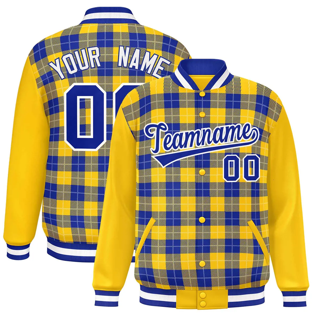 Royal Gold-White Plaid Varsity Full-Snap Letterman Baseball Jacket