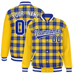 Royal Gold-White Plaid Varsity Full-Snap Letterman Baseball Jacket