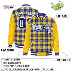 Royal Gold-White Plaid Varsity Full-Snap Letterman Baseball Jacket 2