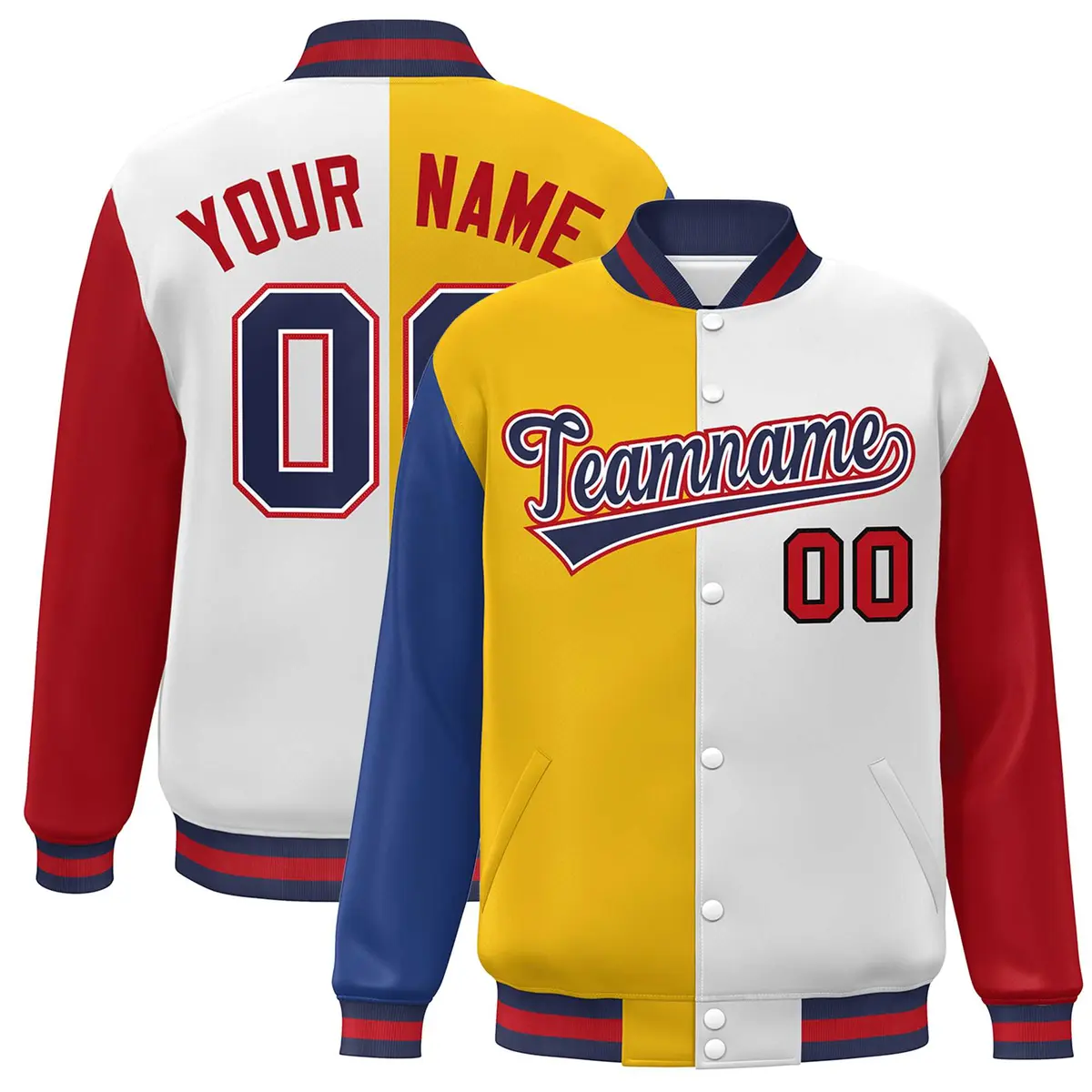 Royal Gold White-Red Color Block Varsity Baseball Bomber Jacket