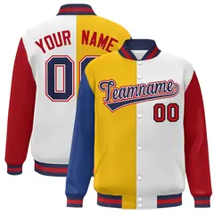 Royal Gold White-Red Color Block Varsity Baseball Bomber Jacket