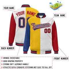Royal Gold White-Red Color Block Varsity Baseball Bomber Jacket 2