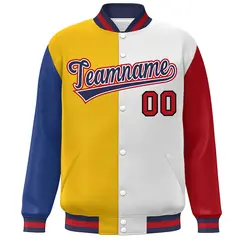 Royal Gold White-Red Color Block Varsity Baseball Bomber Jacket 3