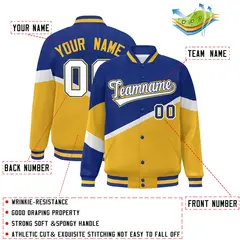 Royal Gold White-Royal Color Block Varsity Baseball Bomber Jacket 2