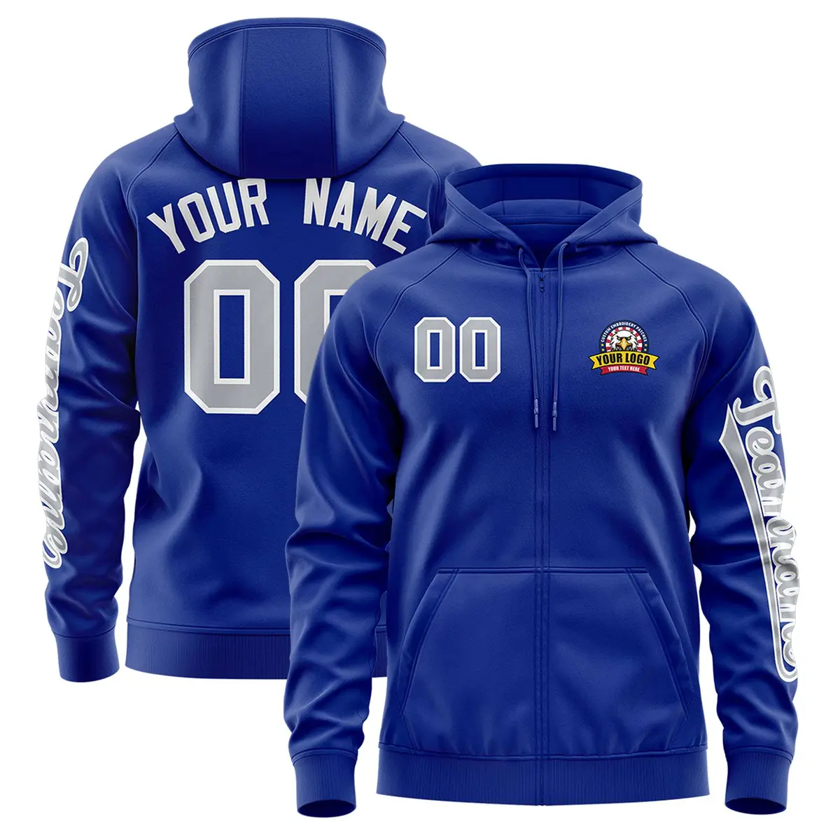 Royal Gray Classic Full-Zip Varsity Letterman Jacket Hoodie
