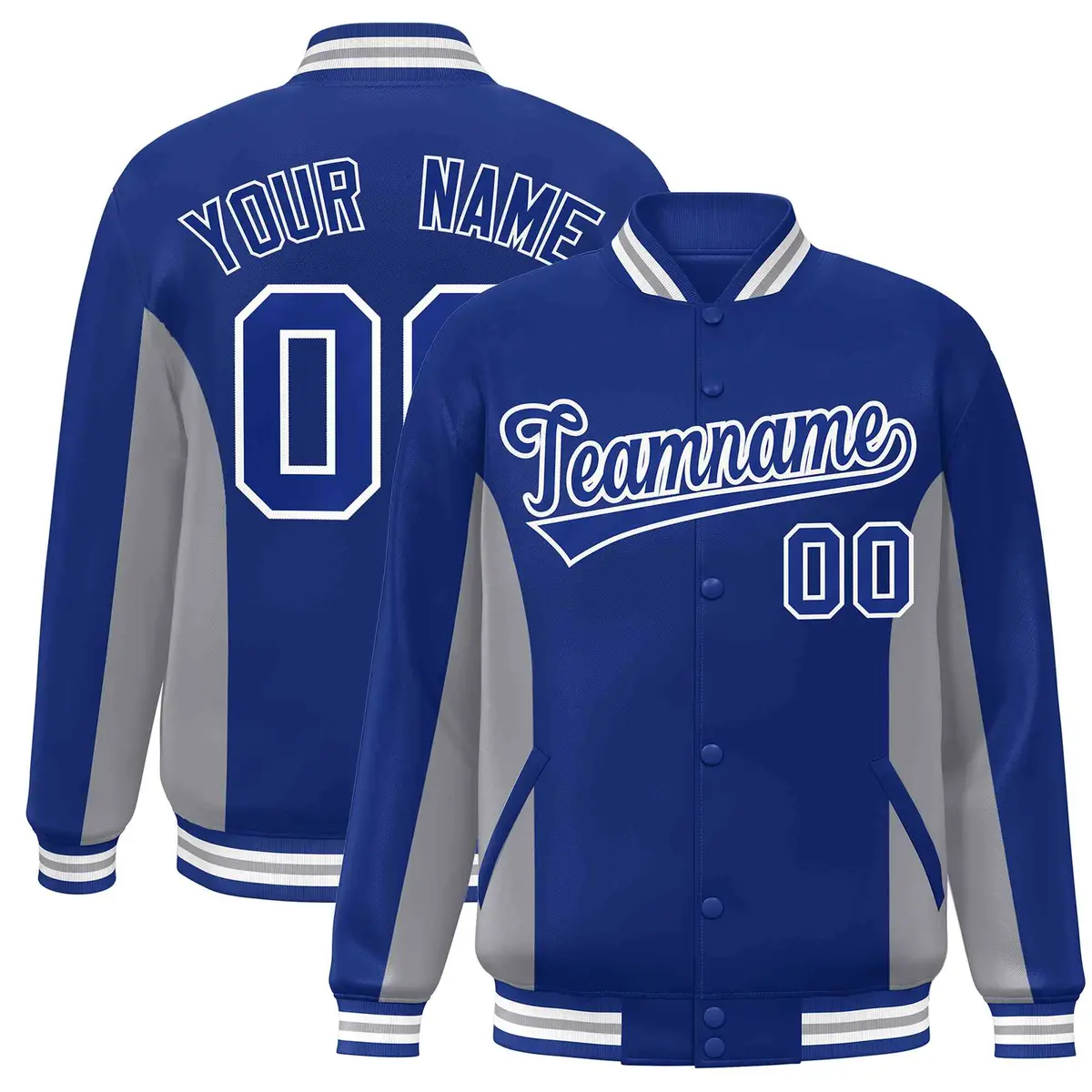 Royal Gray Color Block Varsity Full-Snap Letterman Baseball Jacket