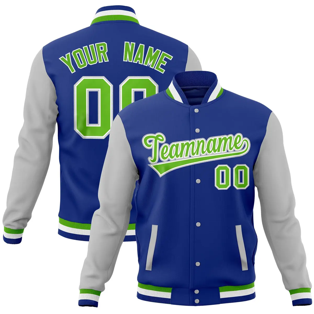Royal Gray Full-Snap Raglan Letterman Baseball Jacket
