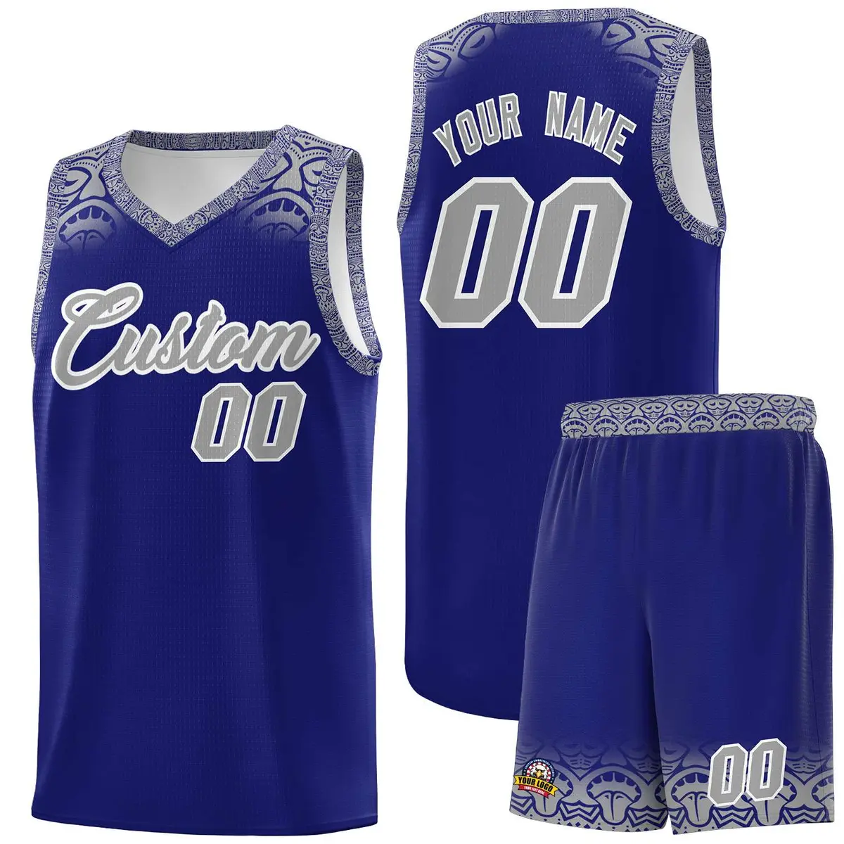 Royal Gray Indians Print Sports Basketball Uniform Jersey