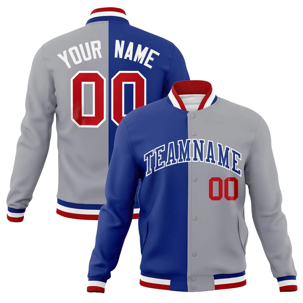 Royal Gray Two Tone Split Full-Snap Varsity Letterman Jacket