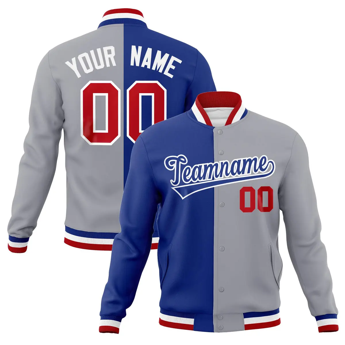 Royal Gray Two Tone Split Full-Snap Varsity Letterman Jacket