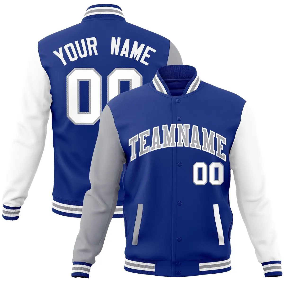 Royal Gray-White Raglan Varsity Full-Snap Letterman Jacket