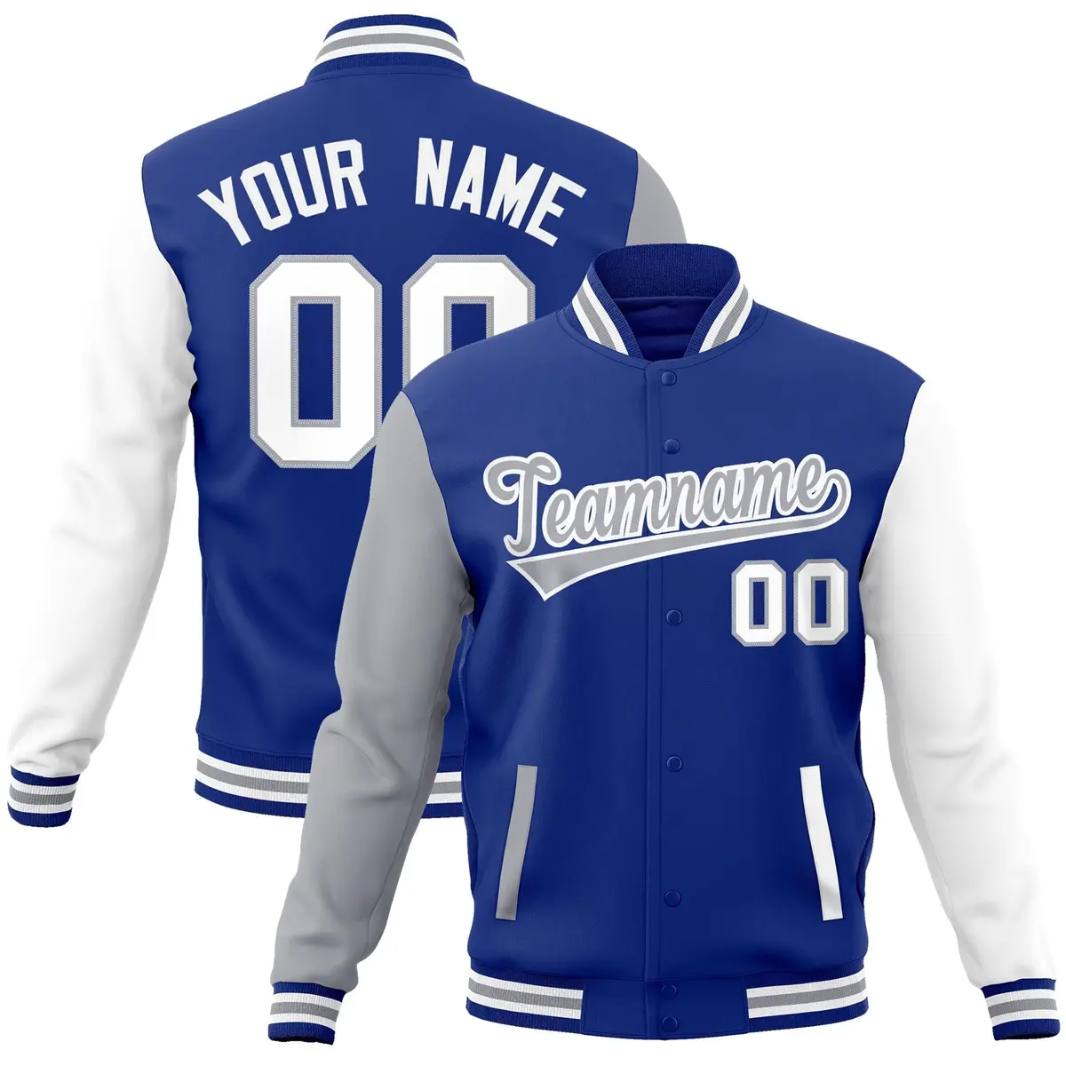 Royal Gray-White Raglan Varsity Full-Snap Letterman Jacket