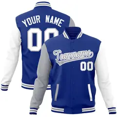 Royal Gray-White Raglan Varsity Full-Snap Letterman Jacket