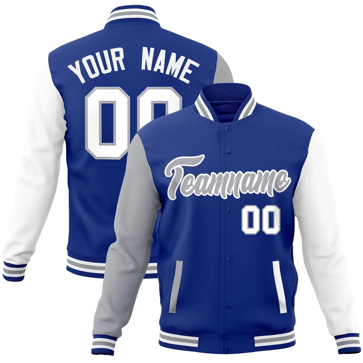 Royal Gray-White Raglan Varsity Full-Snap Letterman Jacket