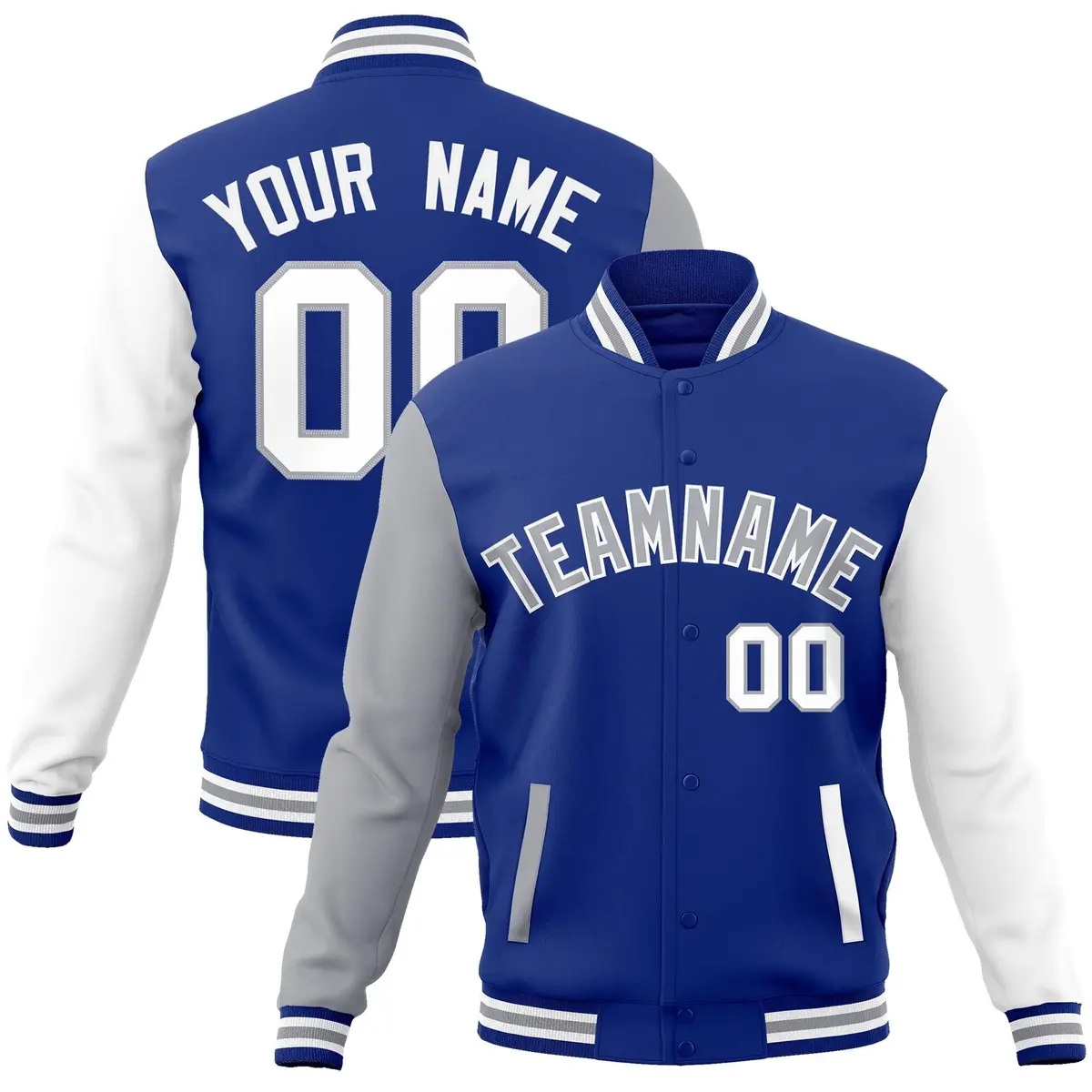 Royal Gray-White Raglan Varsity Full-Snap Letterman Jacket