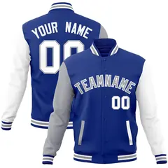 Royal Gray-White Raglan Varsity Full-Snap Letterman Jacket