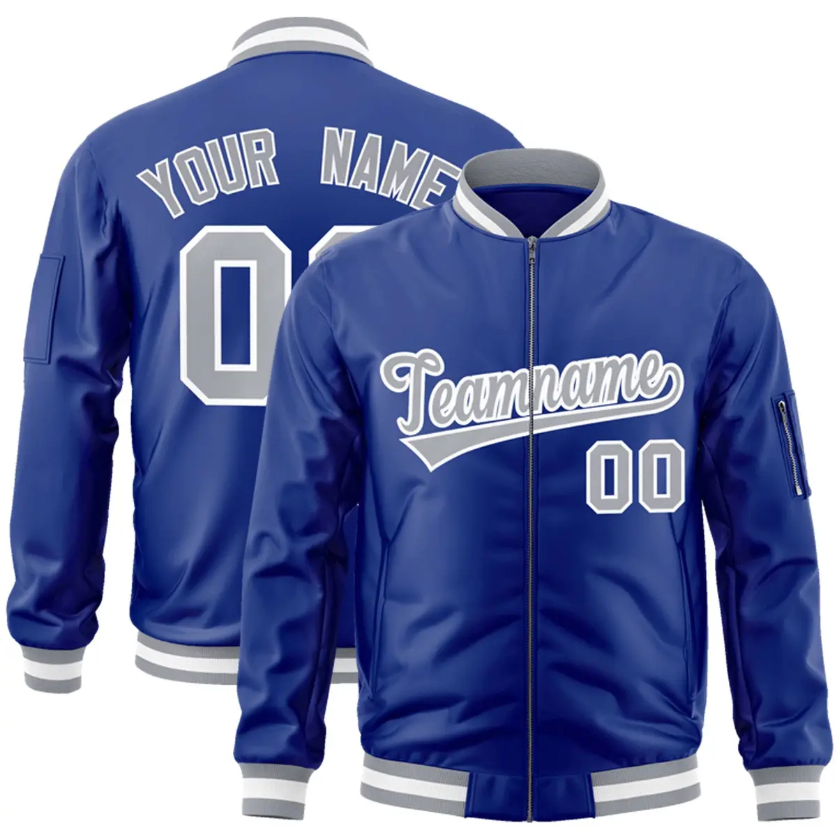 Royal Gray-White Varsity Full-Zip Letterman Bomber Jacket