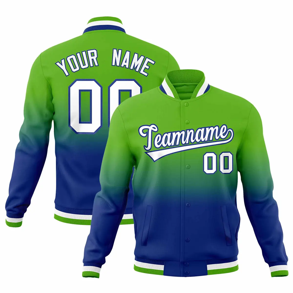 Royal Green Gradient Full-Snap Varsity Letterman Jacket