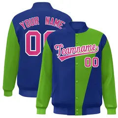Royal Green-Pink Color Block Varsity Full-Snap Bomber Jacket