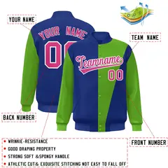 Royal Green-Pink Color Block Varsity Full-Snap Bomber Jacket 2